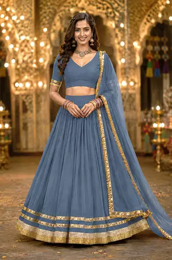 Womens Gray Georgette Lehenga Choli with Dupatta Navratri Garba and Dandiya Outfit Golden Lace Ethnic Festive Wear