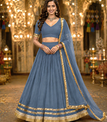 Womens Gray Georgette Lehenga Choli with Dupatta Navratri Garba and Dandiya Outfit Golden Lace Ethnic Festive Wear