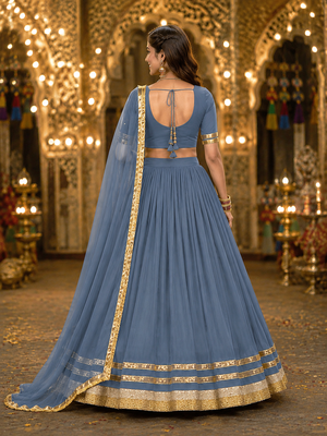 Womens Gray Georgette Lehenga Choli with Dupatta Navratri Garba and Dandiya Outfit Golden Lace Ethnic Festive Wear 2