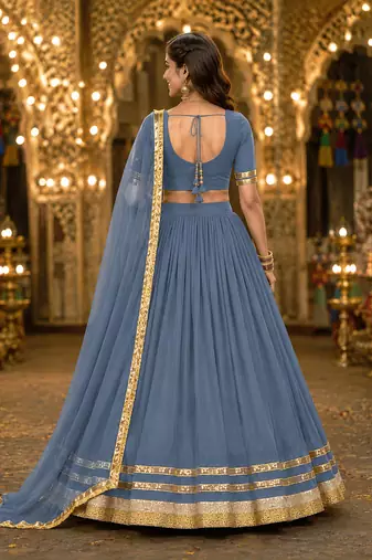 Womens Gray Georgette Lehenga Choli with Dupatta Navratri Garba and Dandiya Outfit Golden Lace Ethnic Festive Wear