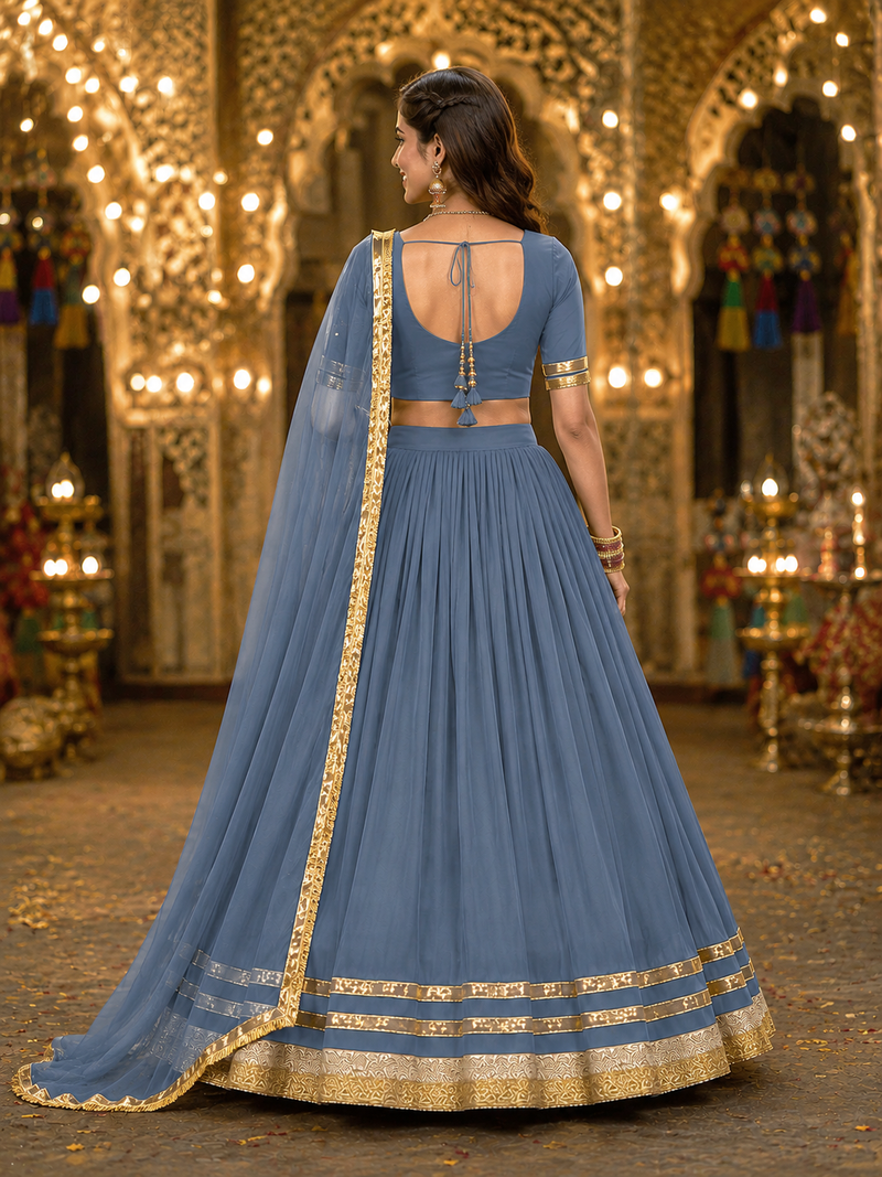 Womens Gray Georgette Lehenga Choli with Dupatta Navratri Garba and Dandiya Outfit Golden Lace Ethnic Festive Wear