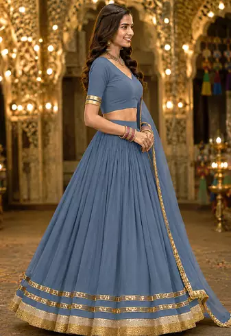 Womens Gray Georgette Lehenga Choli with Dupatta Navratri Garba and Dandiya Outfit Golden Lace Ethnic Festive Wear
