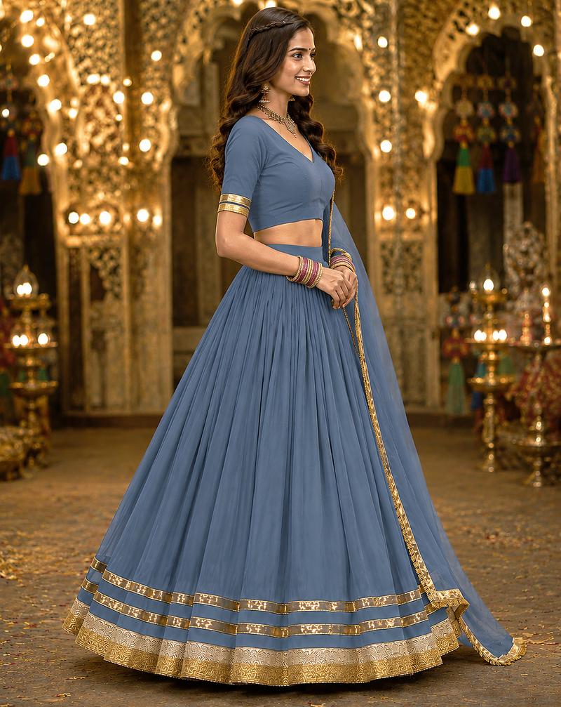 Womens Gray Georgette Lehenga Choli with Dupatta Navratri Garba and Dandiya Outfit Golden Lace Ethnic Festive Wear