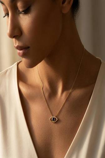 Elegant Gold Eye Pendant Necklace with Blue CZ Stone for Women, Minimalist Jewelry for Everyday and Special Occasions