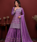 Light purple chinon silk sequence embriordered sharara suit
