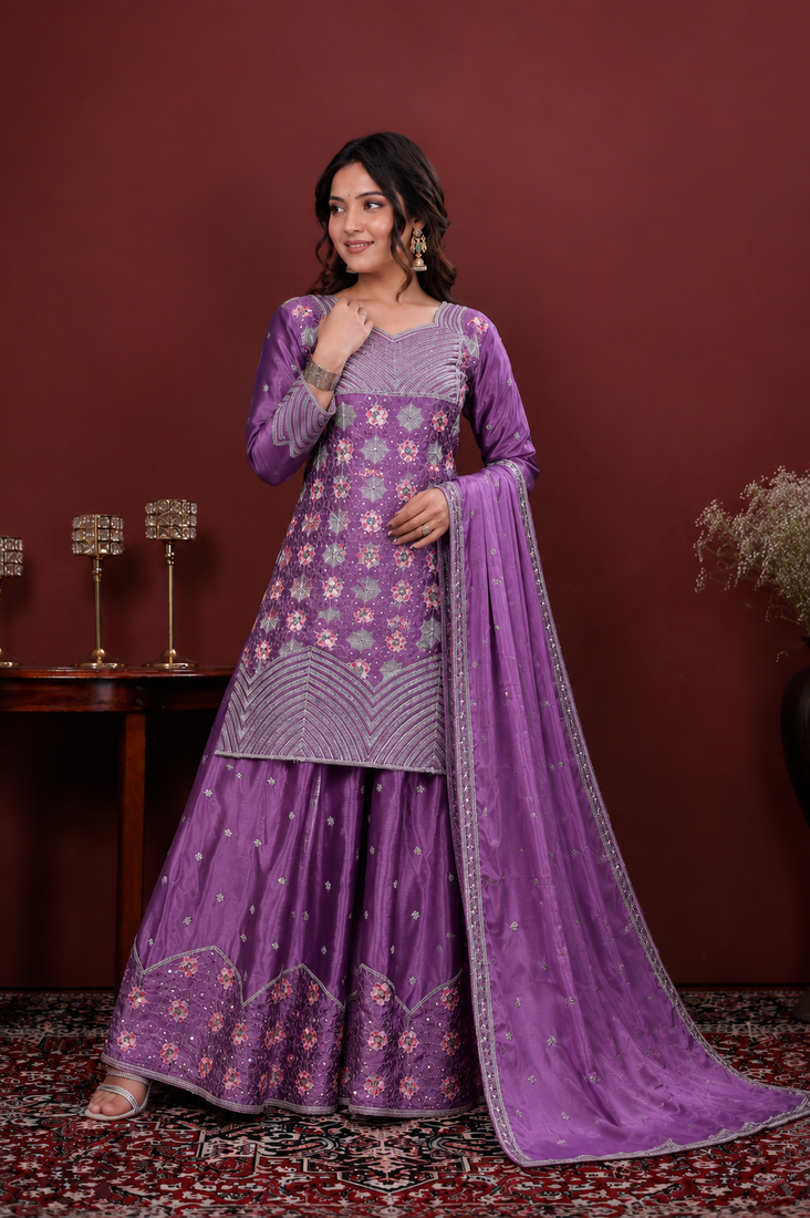 Light purple chinon silk sequence embriordered sharara suit