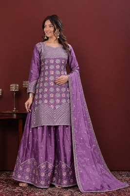Light purple chinon silk sequence embriordered sharara suit 2