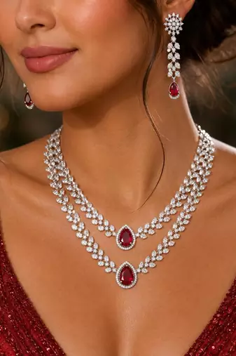 Ruby Red Bridal Jewelry Set, Marquise Crystal Double Layer Necklace, Dangle Earrings