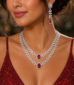Ruby Red Bridal Jewelry Set, Marquise Crystal Double Layer Necklace, Dangle Earrings