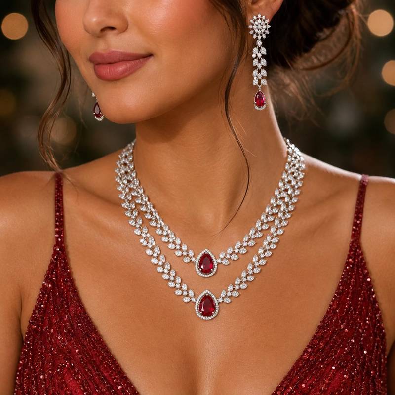 Ruby Red Bridal Jewelry Set, Marquise Crystal Double Layer Necklace, Dangle Earrings