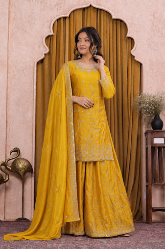 Yellow chinon silk sequence embriordered sharara suit