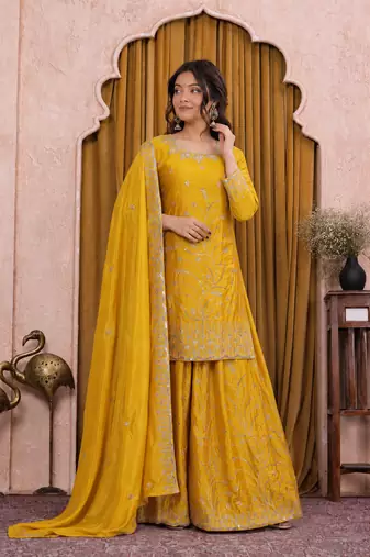 Yellow chinon silk sequence embriordered sharara suit