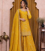 Yellow chinon silk sequence embriordered sharara suit