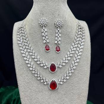 Ruby Red Bridal Jewelry Set, Marquise Crystal Double Layer Necklace, Dangle Earrings 2