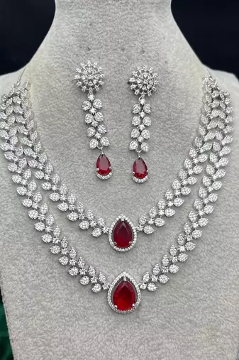 Ruby Red Bridal Jewelry Set, Marquise Crystal Double Layer Necklace, Dangle Earrings