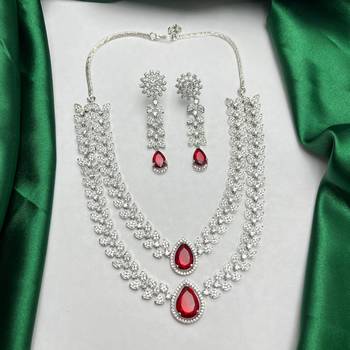 Ruby Red Bridal Jewelry Set, Marquise Crystal Double Layer Necklace, Dangle Earrings 3