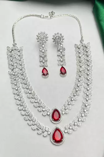 Ruby Red Bridal Jewelry Set, Marquise Crystal Double Layer Necklace, Dangle Earrings