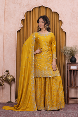 Yellow chinon silk sequence embriordered sharara suit 2
