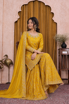 Yellow chinon silk sequence embriordered sharara suit 3