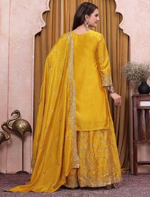 Yellow chinon silk sequence embriordered sharara suit 4