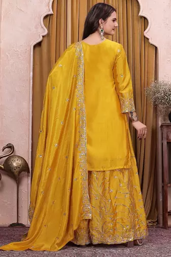 Yellow chinon silk sequence embriordered sharara suit
