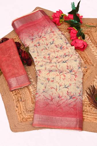 pink shimmer handloom cotton blend saree tonal floral print