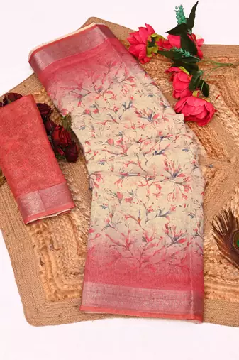 pink shimmer handloom cotton blend saree tonal floral print