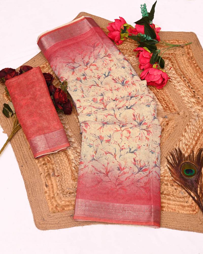 Women's pink multicolor tissue shimmer handloom cotton saree - tonal floral print (t-sfhcs325)
