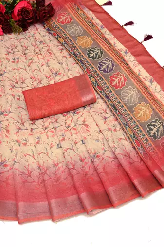 pink shimmer handloom cotton blend saree tonal floral print