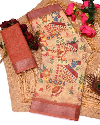 rust shimmer handloom cotton blend saree with ethnic border print (t sfhcs326) 1