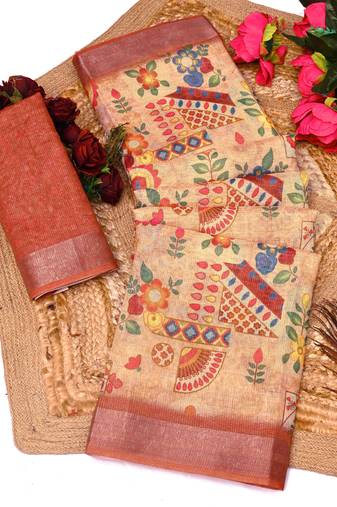 rust shimmer handloom cotton blend saree with ethnic border print