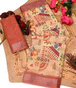 rust shimmer handloom cotton blend saree with ethnic border print (t sfhcs326)