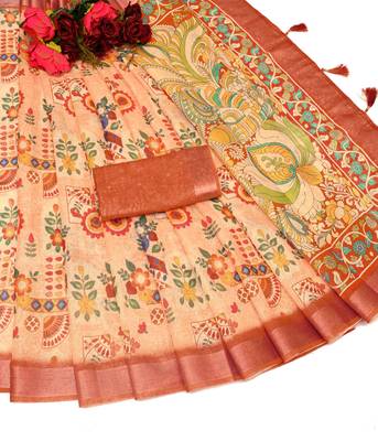 rust shimmer handloom cotton blend saree with ethnic border print (t sfhcs326) 2