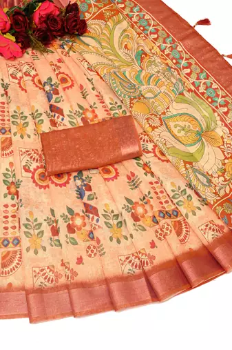 rust shimmer handloom cotton blend saree with ethnic border print