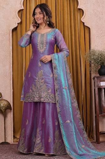 Lavender purple fendy silk sequence embriordered sharara suit