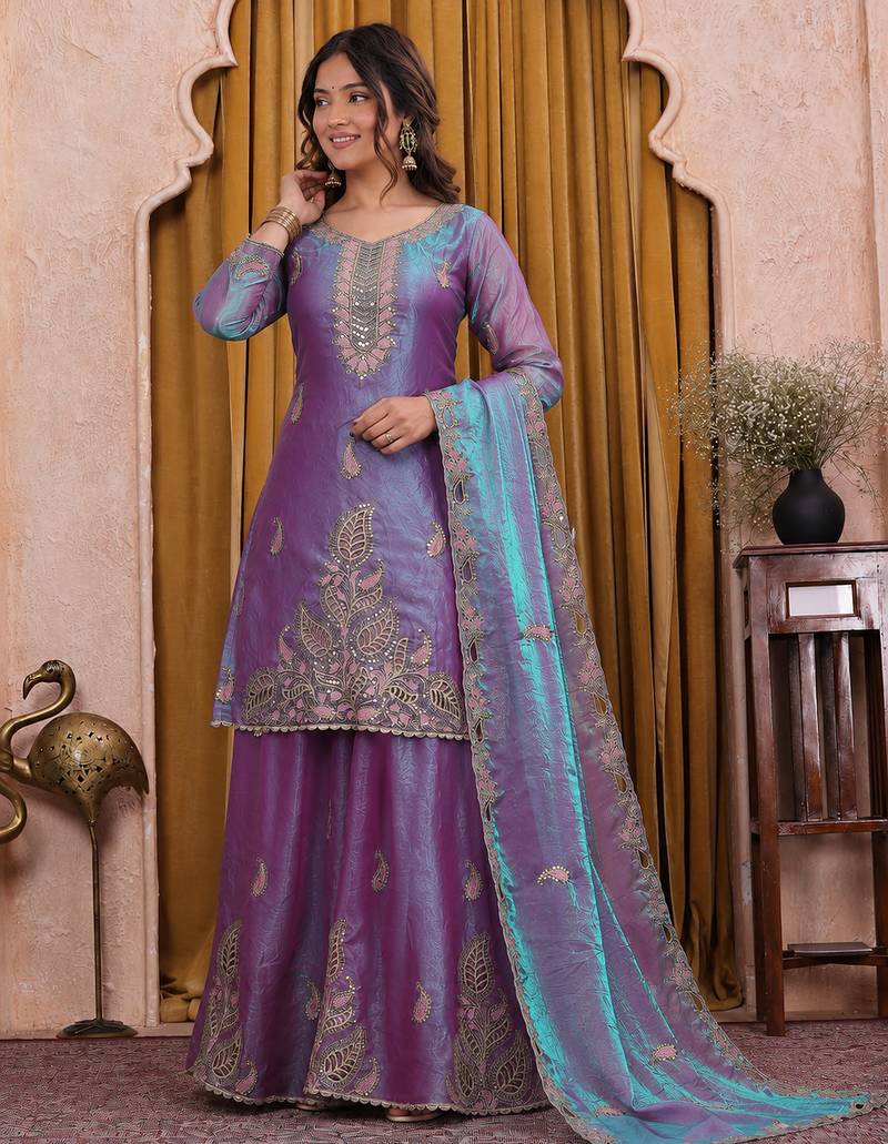 Lavender purple fendy silk sequence embriordered sharara suit