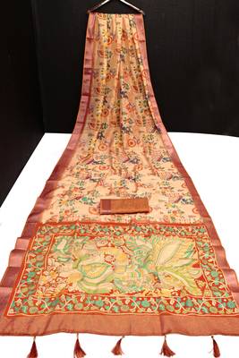 rust shimmer handloom cotton blend saree with ethnic border print (t sfhcs326) 3
