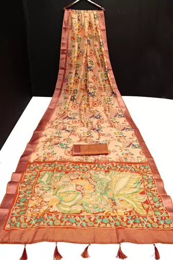 rust shimmer handloom cotton blend saree with ethnic border print