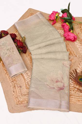 green shimmer handloom cotton blend saree floral print