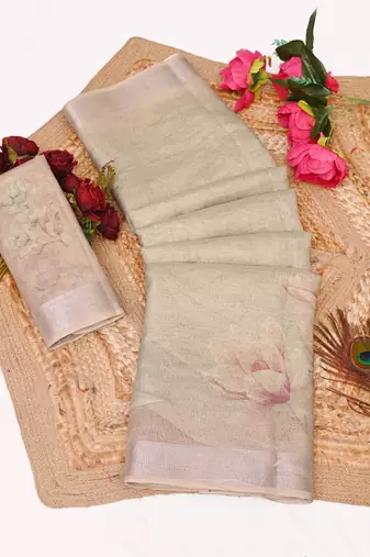 green shimmer handloom cotton blend saree floral print