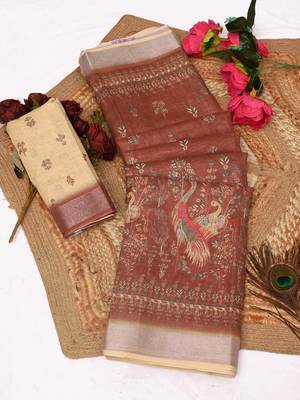 brown beige shimmer handloom cotton blend saree peacock border print (t sfhcs323) 1