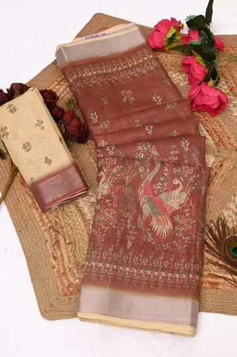 brown beige shimmer handloom cotton blend saree peacock border print (t sfhcs323)