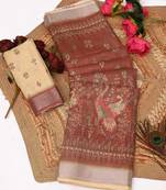 brown beige shimmer handloom cotton blend saree peacock border print (t sfhcs323)