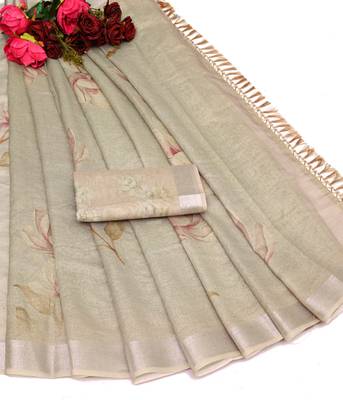 green shimmer handloom cotton blend saree floral print (t sfhcs324) 2