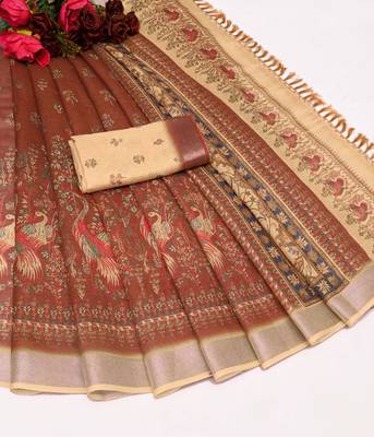 brown beige shimmer handloom cotton blend saree peacock border print (t sfhcs323) 2