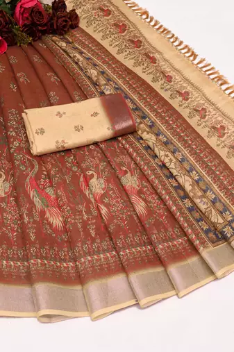 brown beige shimmer handloom cotton blend saree peacock border print (t sfhcs323)