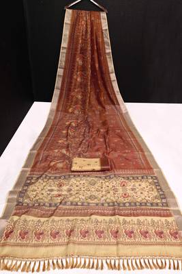 brown beige shimmer handloom cotton blend saree peacock border print (t sfhcs323) 3
