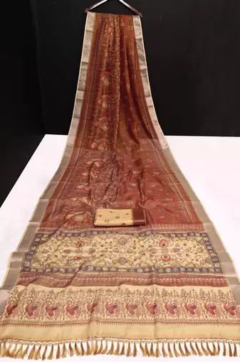 brown beige shimmer handloom cotton blend saree peacock border print (t sfhcs323)