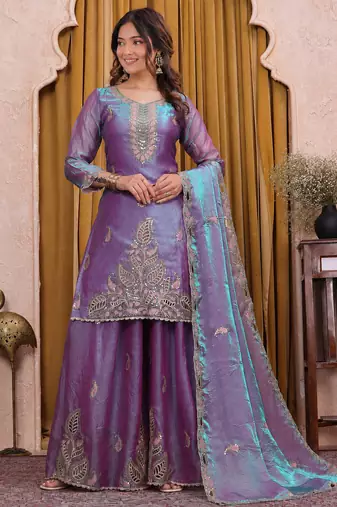 Lavender purple fendy silk sequence embriordered sharara suit