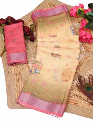 beige multicolor shimmer handloom cotton blend saree with floral print (t sfhcs322) 1